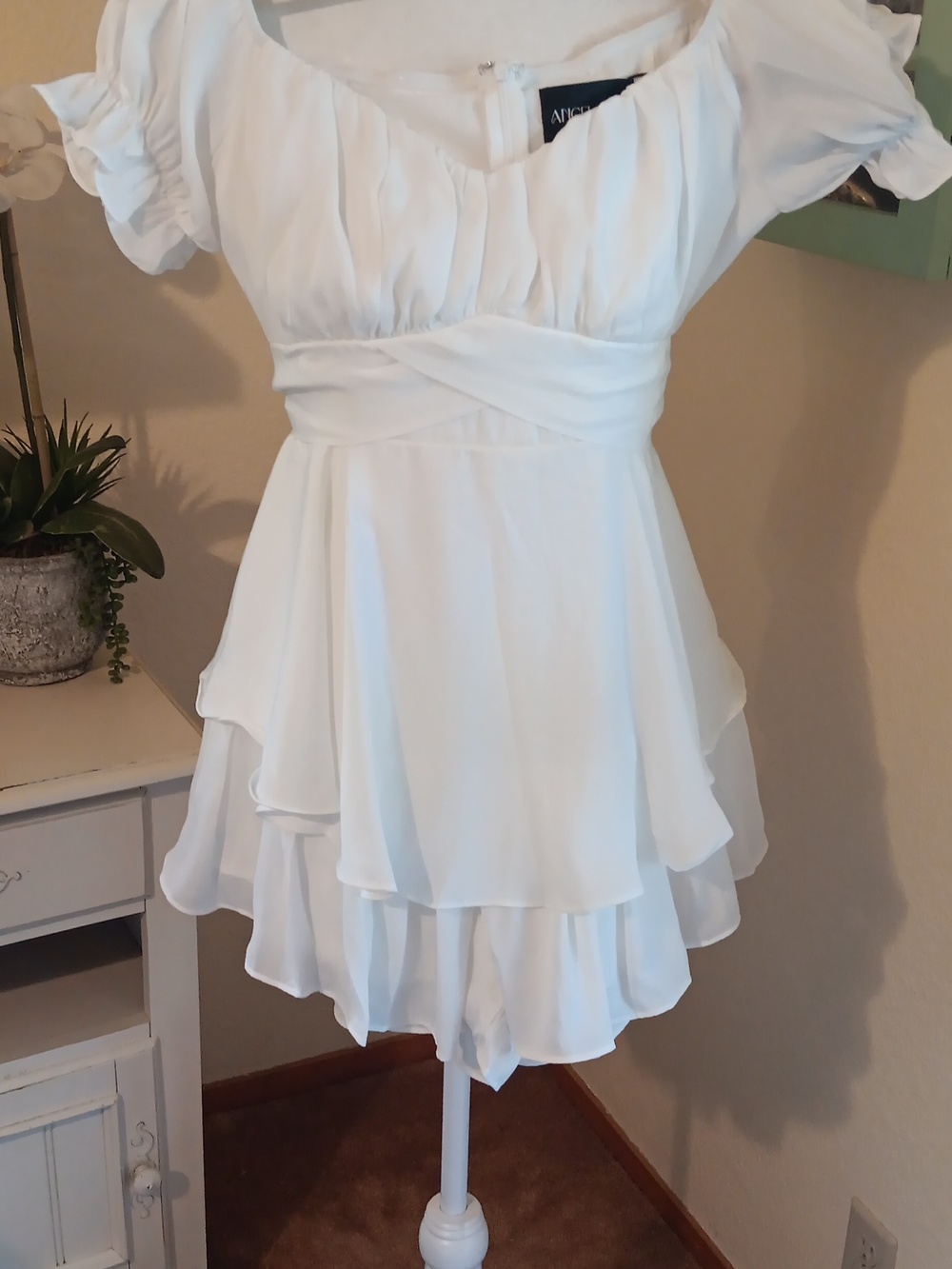 Angel Biba Off Shoulder Short Sleeved Tiered Romper With Ties - Picture 2 of 11